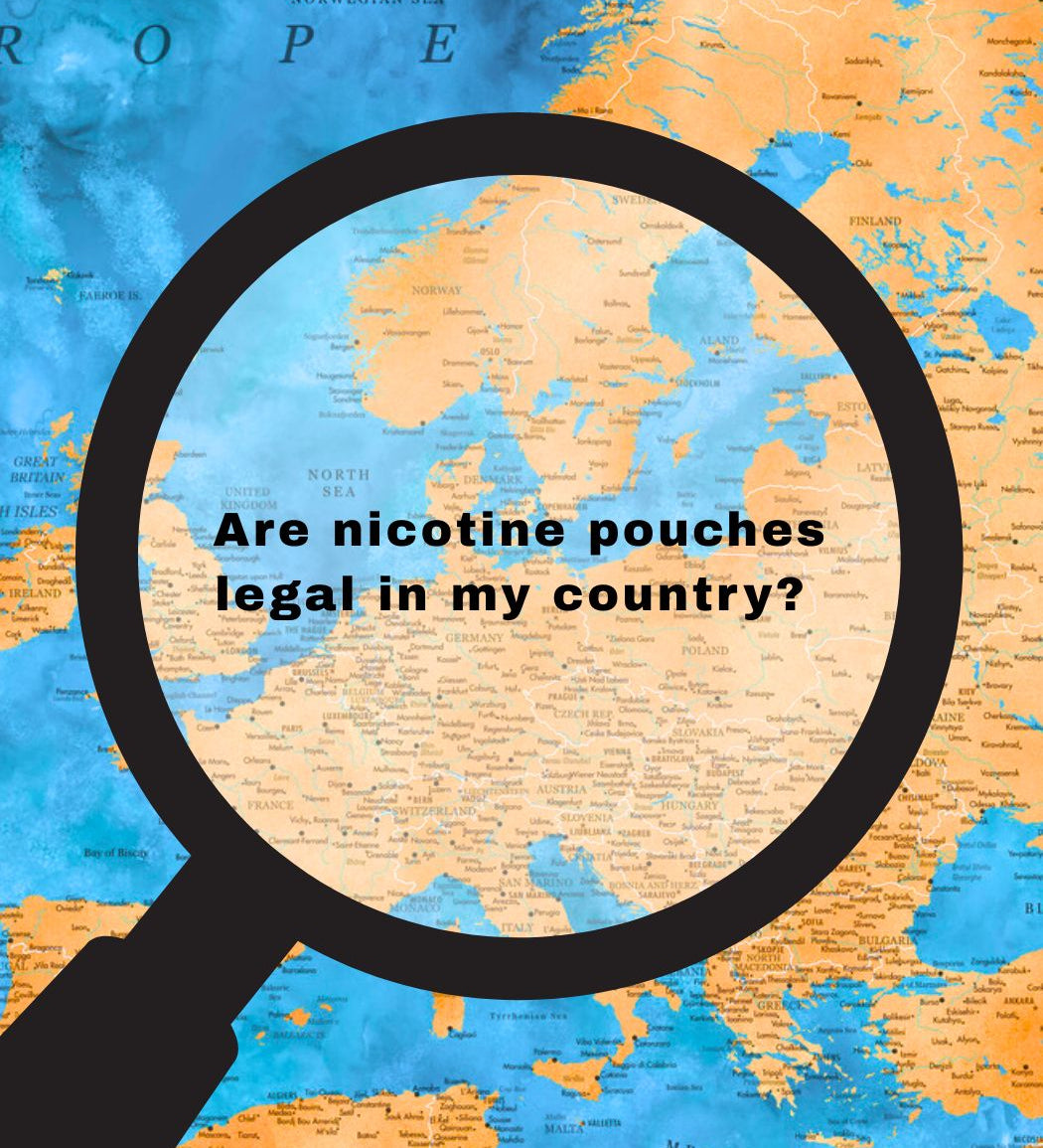 Map over europe with the text "are nicotine pouches legal in my country?"