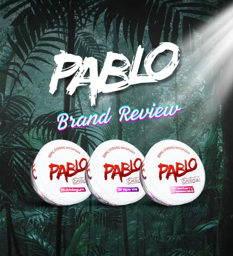 PABLO Brand Review banner featuring three PABLO Exclusive nicotine pouch cans displayed against a dark jungle background.
