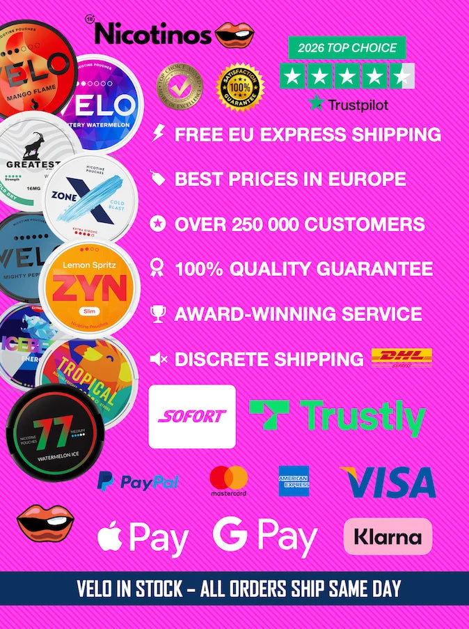 Nicotinos banner with VELO and ZYN nicotine pouches, free EU express shipping and secure payments.