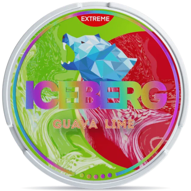 ICEBERG Guava Lime Extreme nicotine pouches can, tropical guava and lime flavor extra strong tobacco-free nicotine pouch packaging