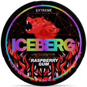 ICEBERG Raspberry Gum Extreme nicotine pouches can, sweet raspberry gum flavor extra strong tobacco-free nicotine pouch packaging