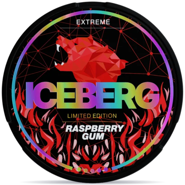ICEBERG Raspberry Gum Extreme nicotine pouches can, sweet raspberry gum flavor extra strong tobacco-free nicotine pouch packaging