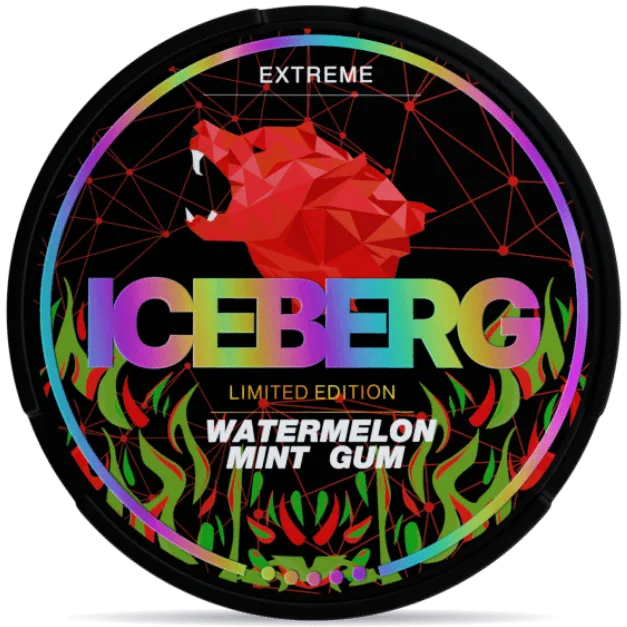 ICEBERG Watermelon Mint Gum Extreme nicotine pouches can, watermelon mint gum flavor extra strong tobacco-free nicotine pouch packaging