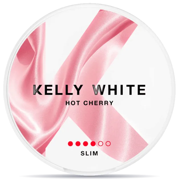Kelly White Hot Cherry Slim nicotine pouches can, bold cherry flavor tobacco-free slim nicotine pouch packaging