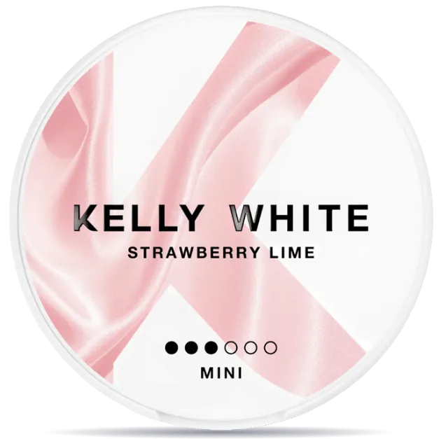 Kelly White Strawvberry Lime Mini can, strawberry and lime flavor tobacco-free mini nicotine pouch packaging