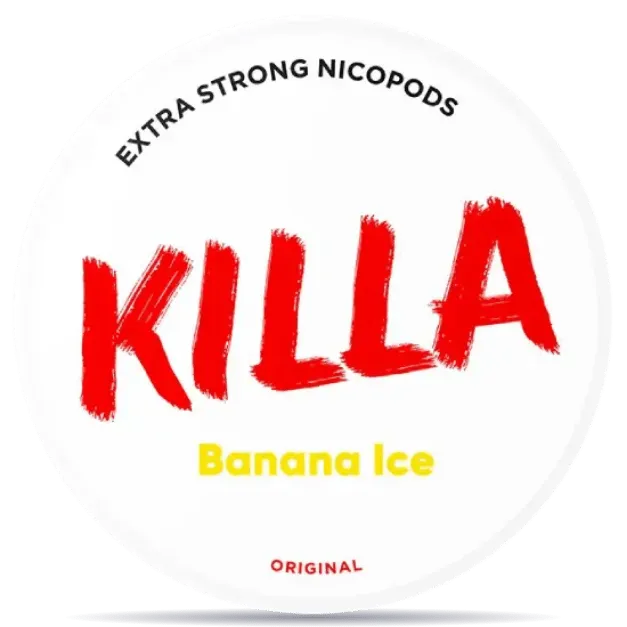 KILLA Banana Ice 12.8mg nicotine pouches can, extra strong icy banana flavor tobacco-free nicopods packaging