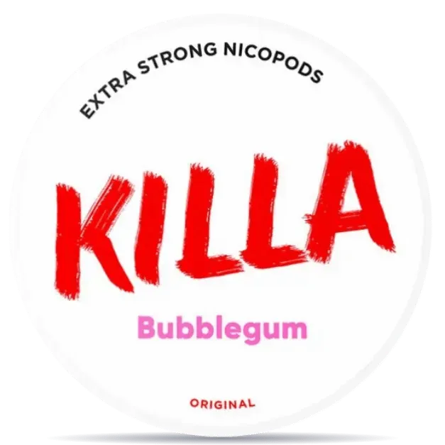 KILLA Bubblegum 12,8 mg nicotine pouches can, extra strong sweet bubblegum flavor tobacco-free nicopods packaging