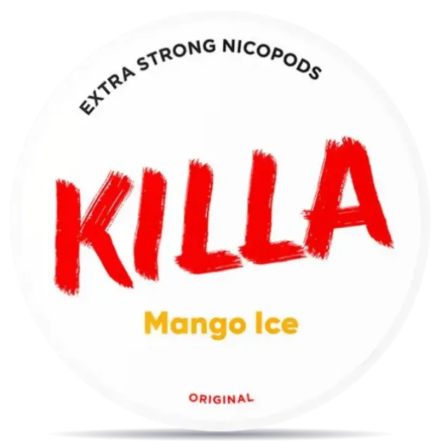 KILLA Mango Ice 12.8mg nicotine pouches can, extra strong icy mango flavor tobacco-free nicopods packaging
