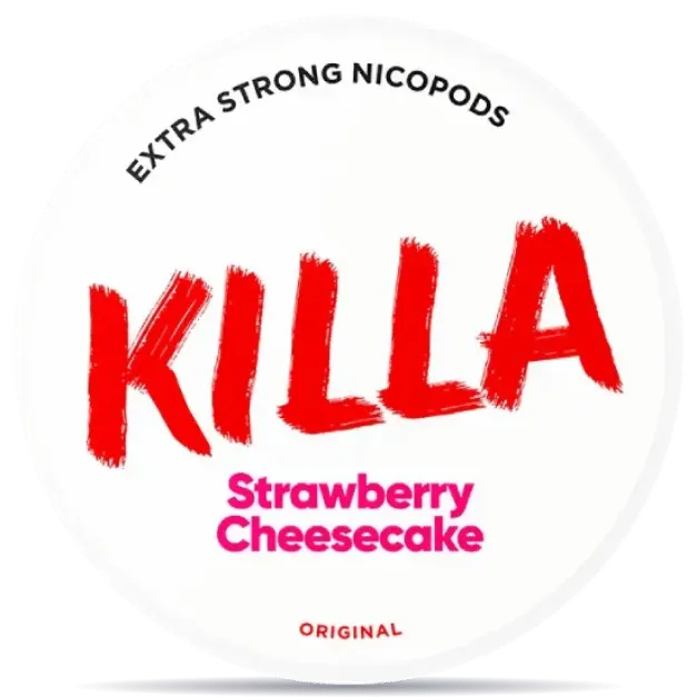 KILLA Strawberry Cheesecake 12.8mg nicotine pouches can, extra strong dessert flavor tobacco-free nicopods packaging