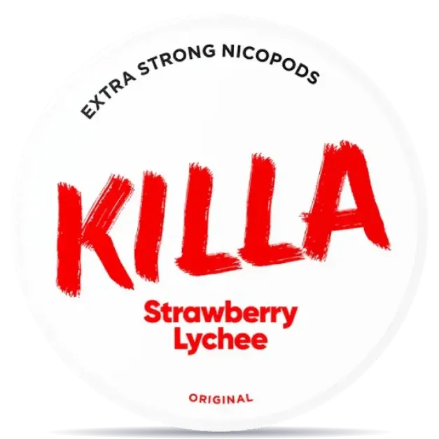 KILLA Strawberry Lychee 12,8 mg nicotine pouches can, extra strong fruity flavor tobacco-free nicopods packaging