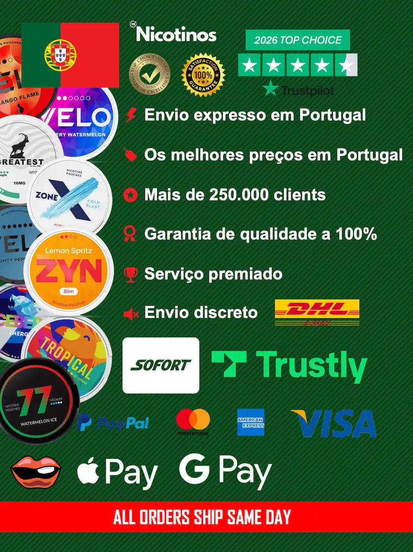 Banner promocional da Nicotinos em Portugal com envio expresso e métodos de pagamento seguros.