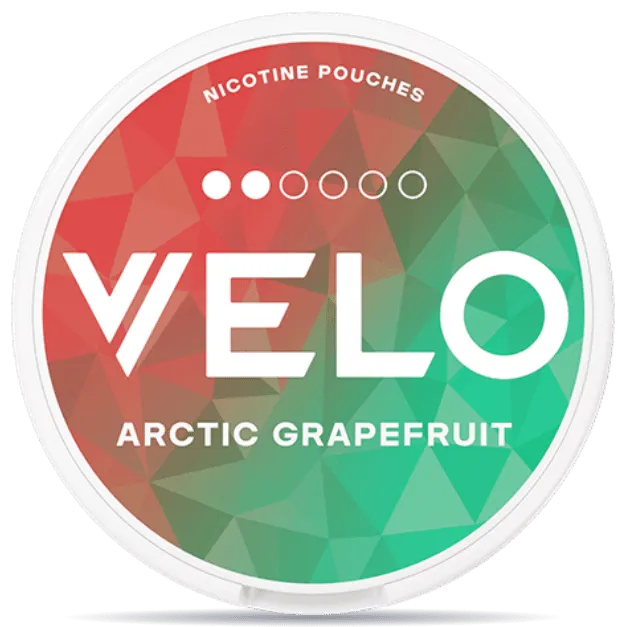 VELO Arctic Grapefruit 6mg nicotine pouches can with white rim, red and green citrus design, icy grapefruit flavor, tobacco-free smokeless nicotine pouch packaging
