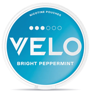 VELO Bright Peppermint nicotine pouches can with blue packaging, slim format
