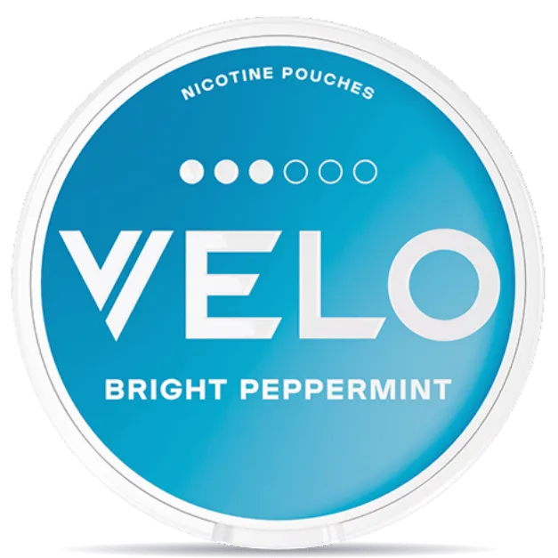 VELO Bright Peppermint nicotine pouches can with blue packaging, slim format