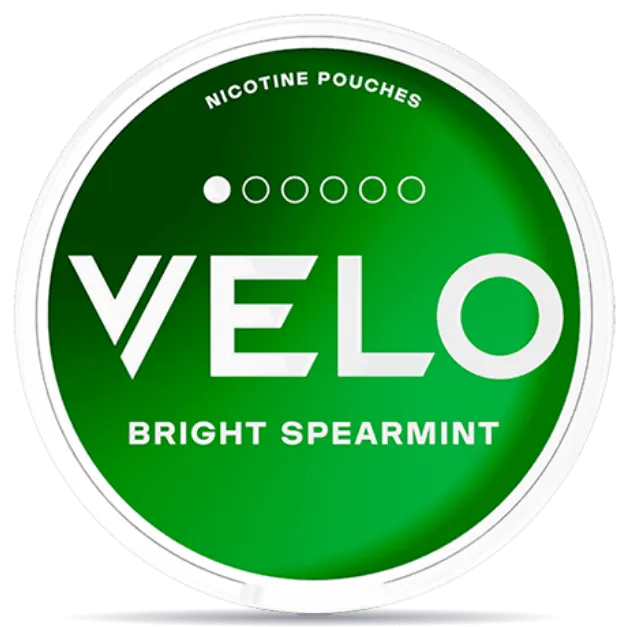 VELO Bright Spearmint Mini nicotine pouches can with fresh spearmint flavor, green VELO mini can packaging