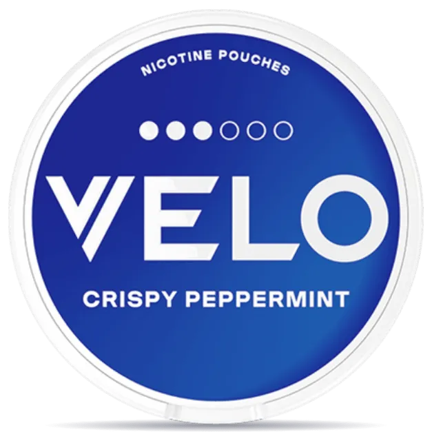 VELO Crispy Peppermint Mini nicotine pouches can, refreshing peppermint flavor, tobacco-free smokeless nicotine pouch packaging