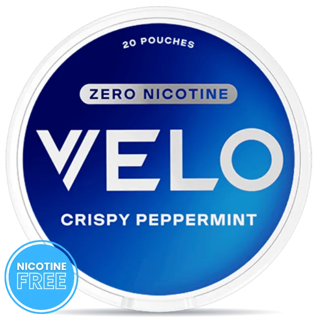 VELO Crispy Peppermint zero nicotine pouches can with blue packaging, nicotine free