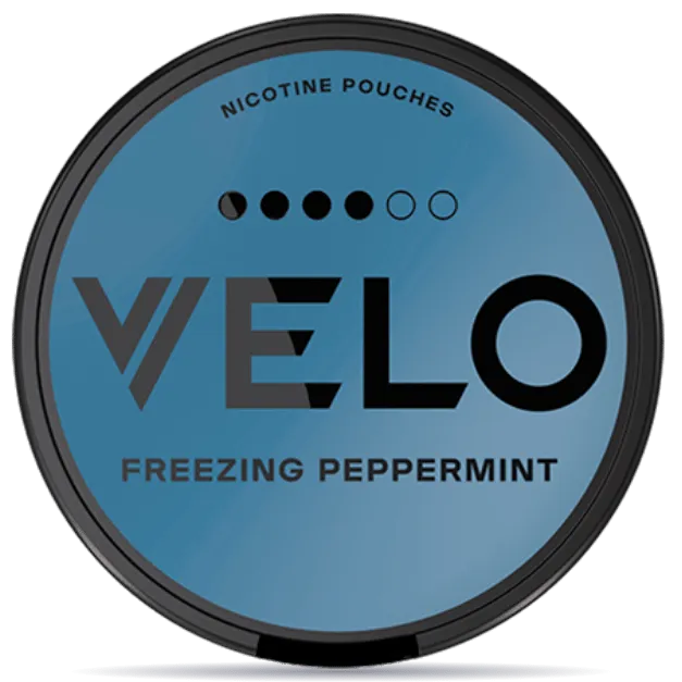 VELO Freezing Peppermint Slim nicotine pouches can in icy blue design, 10.9 mg strength, extra strong mint flavor, smokeless tobacco-free nicotine pouch packaging
