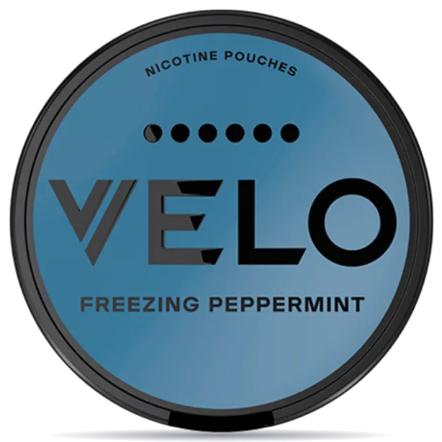 VELO Freezing Peppermint Slim 17mg nicotine pouches can in frosty blue design, extra strong mint flavor, tobacco-free smokeless nicotine pouch product packaging