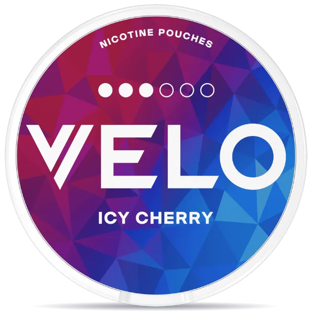 VELO Icy Cherry nicotine pouches can with white rim, red and blue geometric design, cool cherry flavor, tobacco-free smokeless nicotine pouch packaging