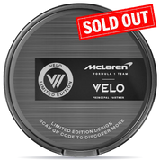 Black container with McLaren and Velo, 10.9 mg of nicotine per pouch.