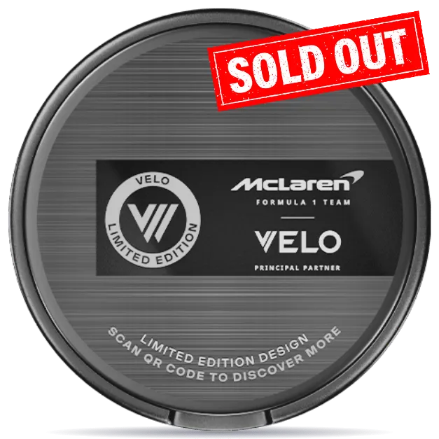 Black container with McLaren and Velo, 10.9 mg of nicotine per pouch.