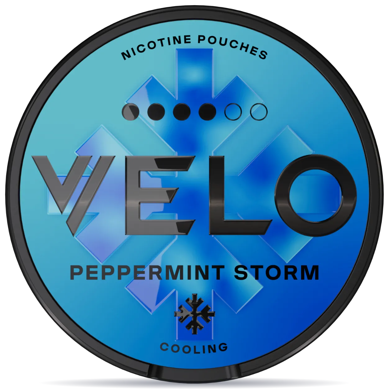 VELO Peppermint Storm nicotine pouches can with black rim, icy blue storm design, intense cooling peppermint flavor, tobacco-free smokeless nicotine pouch packaging