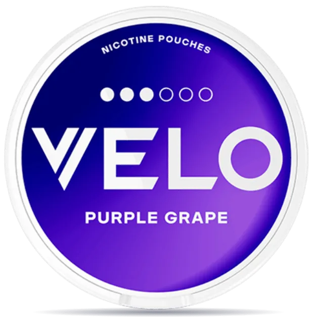 VELO Purple Grape nicotine pouches can. 10 mg of nicotine per slim pouch.