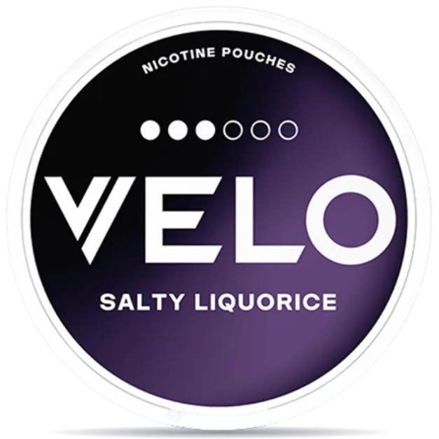 VELO Salty Liquorice nicotine pouches can with purple and black design, 10mg nicotine per pouch