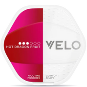 VELO Shift Hot Dragon Fruit 8mg nicotine pouches can in red and pink packaging with comfort shape