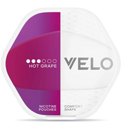 VELO Shift Hot Grape nicotine pouches can with purple and white design, VELO comfort shape