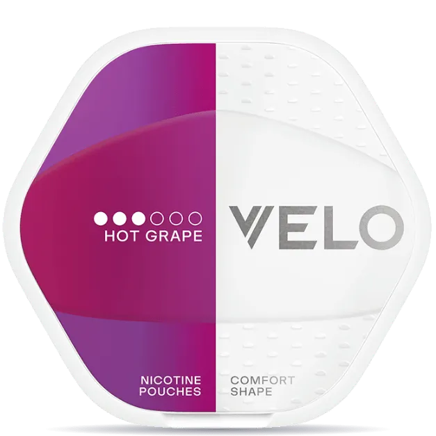VELO Shift Hot Grape nicotine pouches can with purple and white design, VELO comfort shape