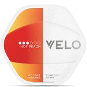 VELO Shift Hot Peach 8 mg nicotine pouches can with orange and red packaging, comfort shape pouch