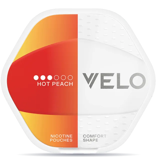 VELO Shift Hot Peach 8 mg nicotine pouches can with orange and red packaging, comfort shape pouch