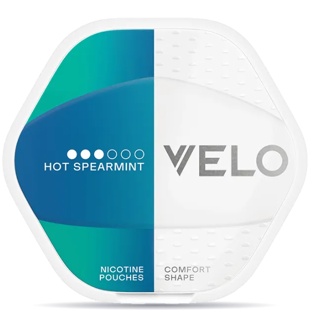 VELO Shift Hot Spearmint nicotine pouches can in teal and blue packaging with comfort shape