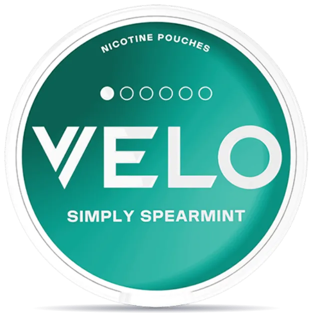 VELO Simply Spearmint nicotine pouches can. Smooth spearmint flavor, tobacco-free smokeless nicotine pouch packaging