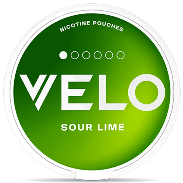 VELO Sour Lime nicotine pouches can with white rim, bright green citrus design, tangy lime flavor, tobacco-free smokeless nicotine pouch packaging