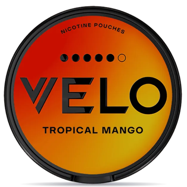 VELO Tropical Mango nicotine pouches can lid in orange and yellow gradient, mango flavor, smokeless nicotine pouches product packaging