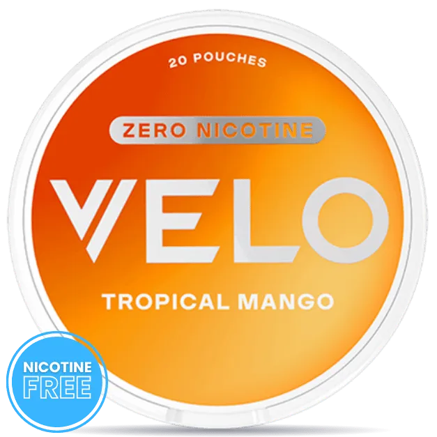 VELO Tropical Mango zero nicotine pouches can with orange packaging, nicotine free