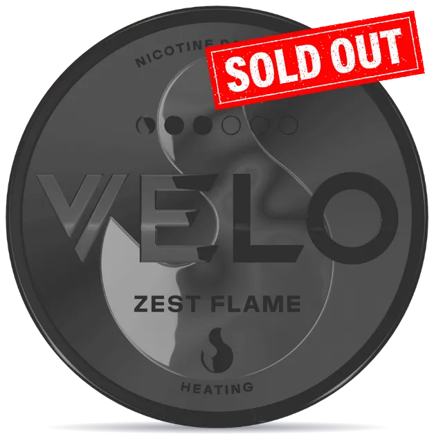 VELO Zest Flame nicotine pouches can ,citrus flavor, tobacco-free smokeless nicotine pouch packaging, sold out product label