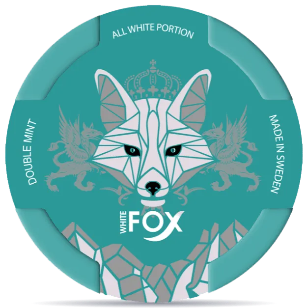 White Fox Double Mint nicotine pouches can, refreshing mint flavor all white portion snus packaging made in Sweden