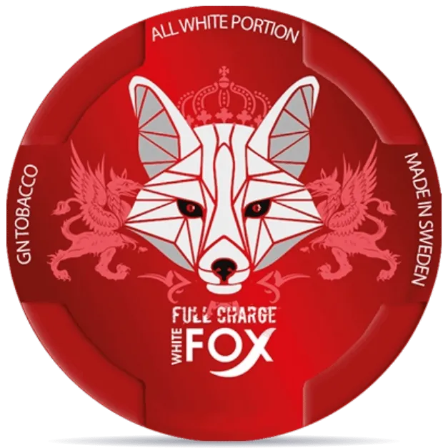 White Fox Full Charge nicotine pouches can, extra strong mint all white portion snus packaging made in Sweden