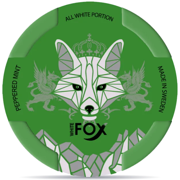 White Fox Peppered Mint nicotine pouches can, mint with pepper flavor all white portion snus packaging made in Sweden